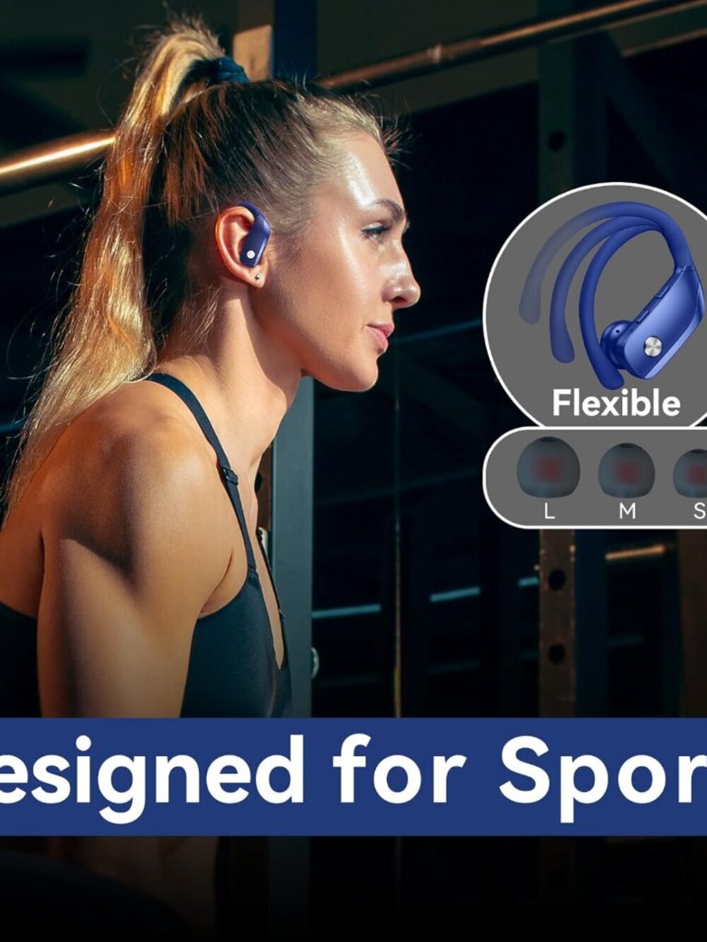 Blue Wireless Earbuds Bluetooth LED Display Ear-hooks Built-in Mic Headset - Picture 6 of 6